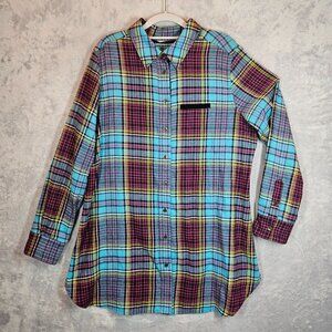 Soft Surroundings Blouse Womens L Flannel Plaid Metal Button Shirt Velvet Design
